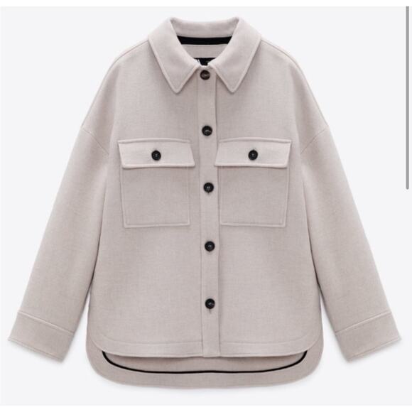 Zara Oversized Manteco Wool Blend Overshirt Shacket In Stone - Picture 1 of 9